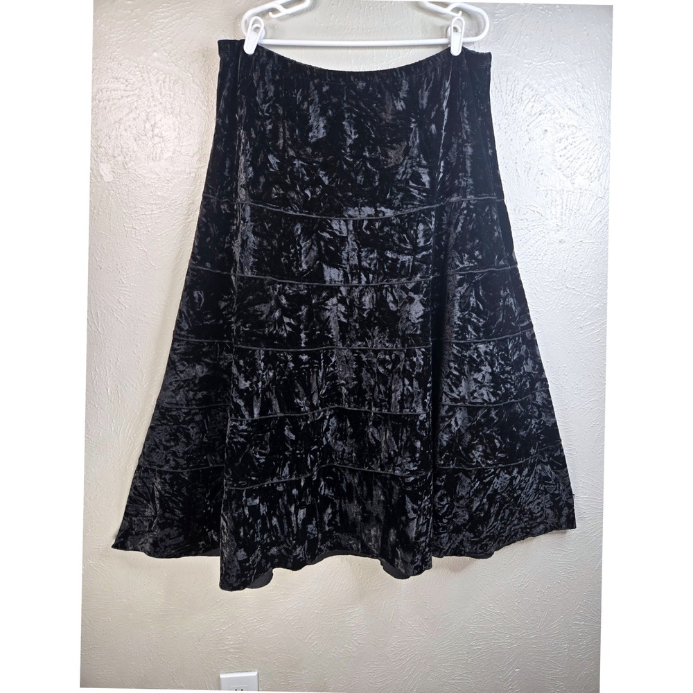 Crushed Velvet Tiered A-Line Midi Skirt L Black Full Cirlce Long Boho Whimsygoth